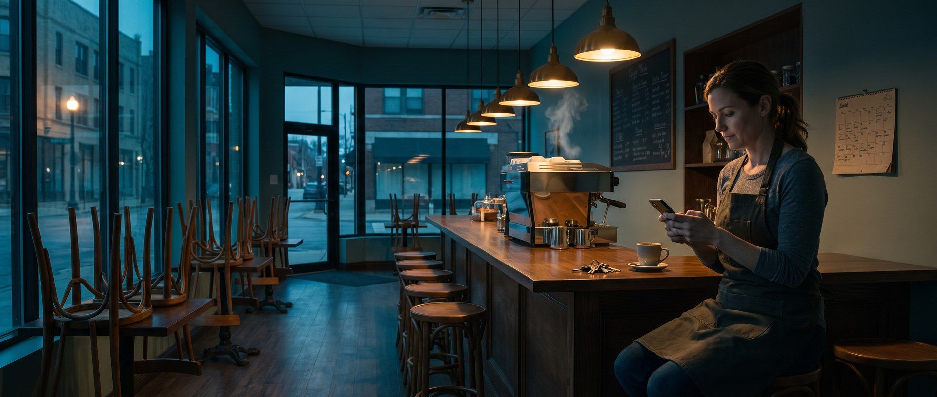 A cafe manager in a Chicago coffee shop before opening sits at the end of the counter looking at her phone, chairs still upturned on the tables and blue morning light in the windows
