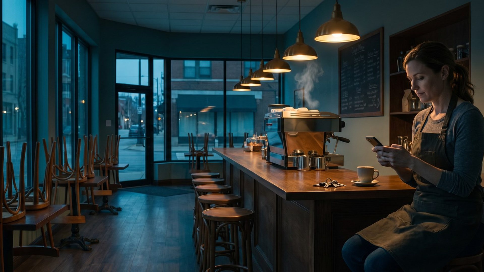 A cafe manager in a Chicago coffee shop before opening sits at the end of the counter looking at her phone, chairs still upturned on the tables and blue morning light in the windows
