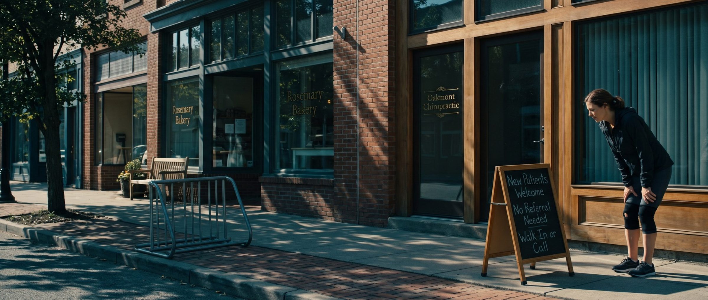 On a sunny main-street sidewalk, a runner in a knee brace stops to read a chalkboard sign outside Oakmont Chiropractic that says New Patients Welcome, No Referral Needed, Walk In or Call