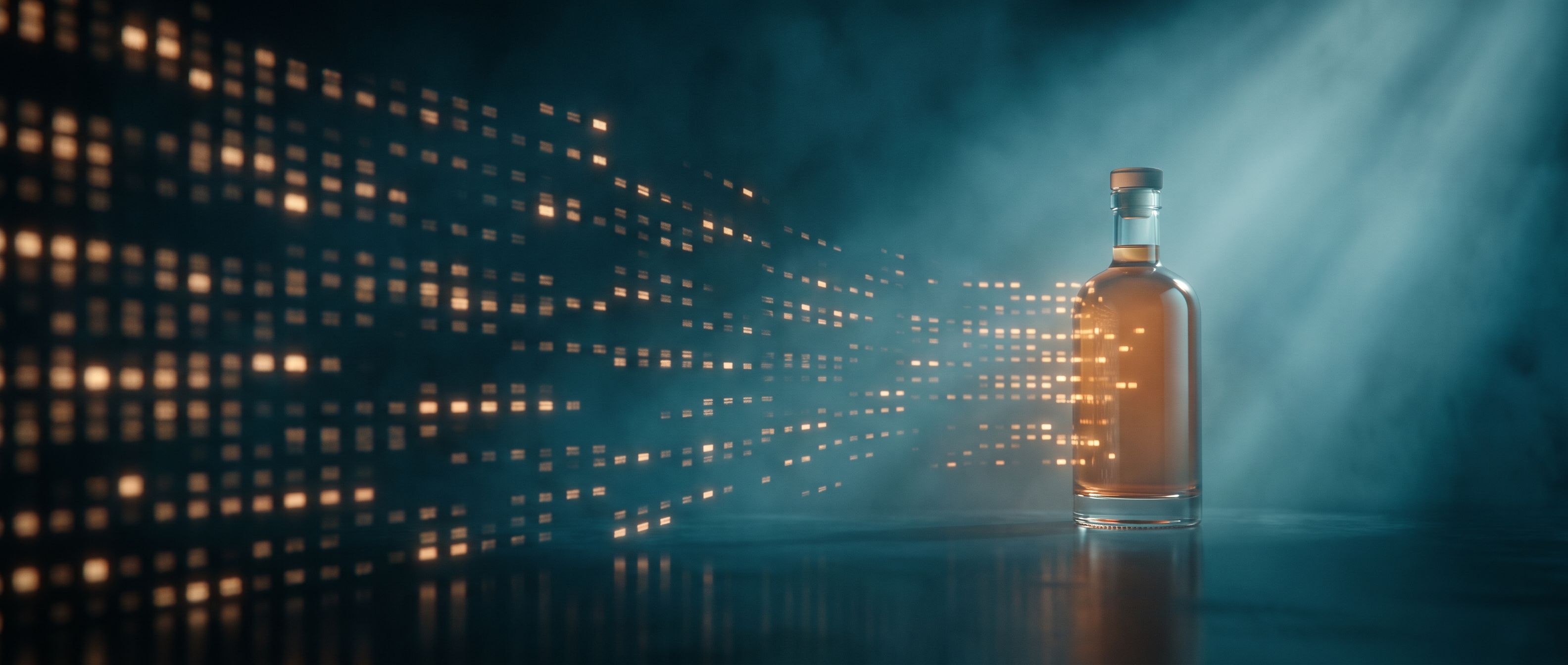 A grid of glowing amber data squares on the left resolving and assembling into a single glowing product on the right - a product feed becoming a Shopping ad.
