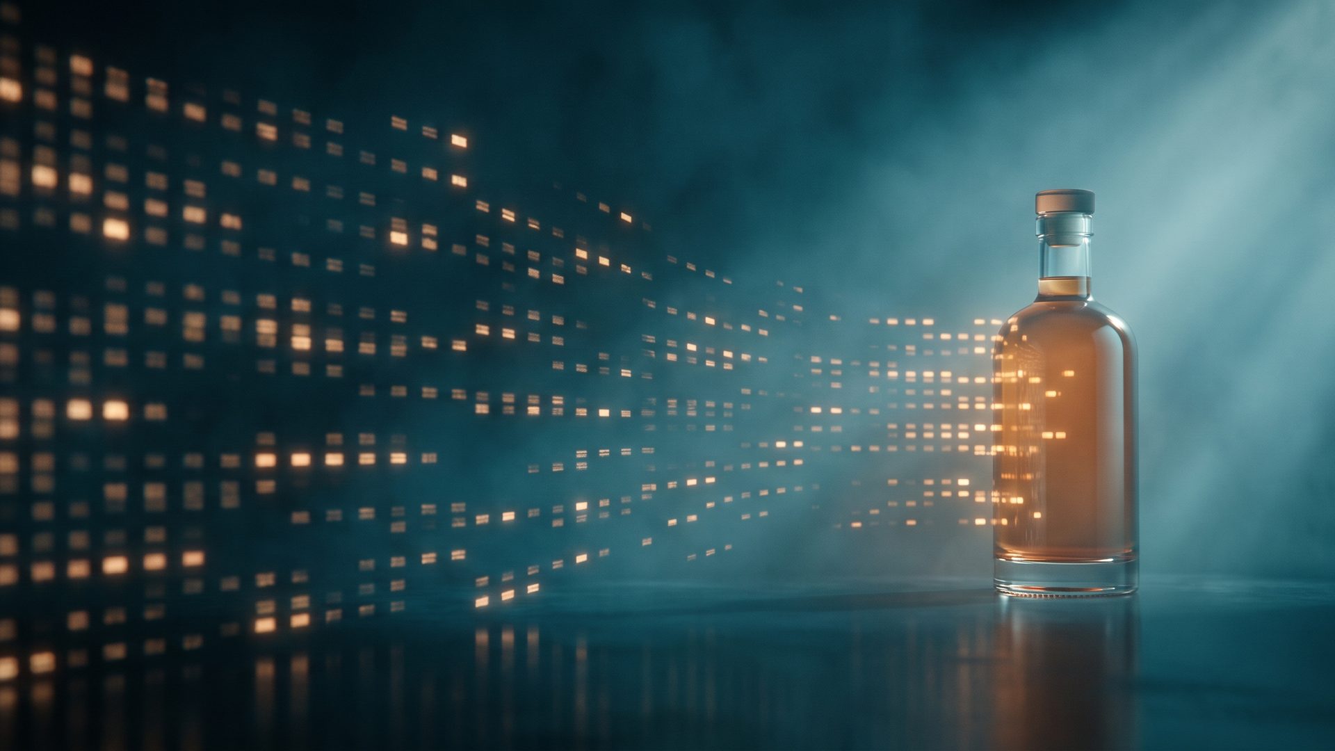 A grid of glowing amber data squares on the left resolving and assembling into a single glowing product on the right - a product feed becoming a Shopping ad.