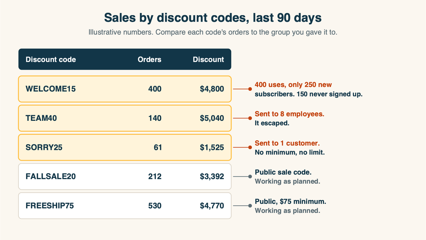 A mock Sales by discount codes report for the last 90 days, with three rows flagged. WELCOME15: 400 orders against 250 new subscribers, flagged as used by people who never signed up. TEAM40: 140 orders on a code sent to 8 employees, flagged as escaped. SORRY25: 61 orders on a make-good code sent to one customer, flagged as no minimum and no limit. Two healthy rows, FALLSALE20 and FREESHIP75, are public codes behaving as expected