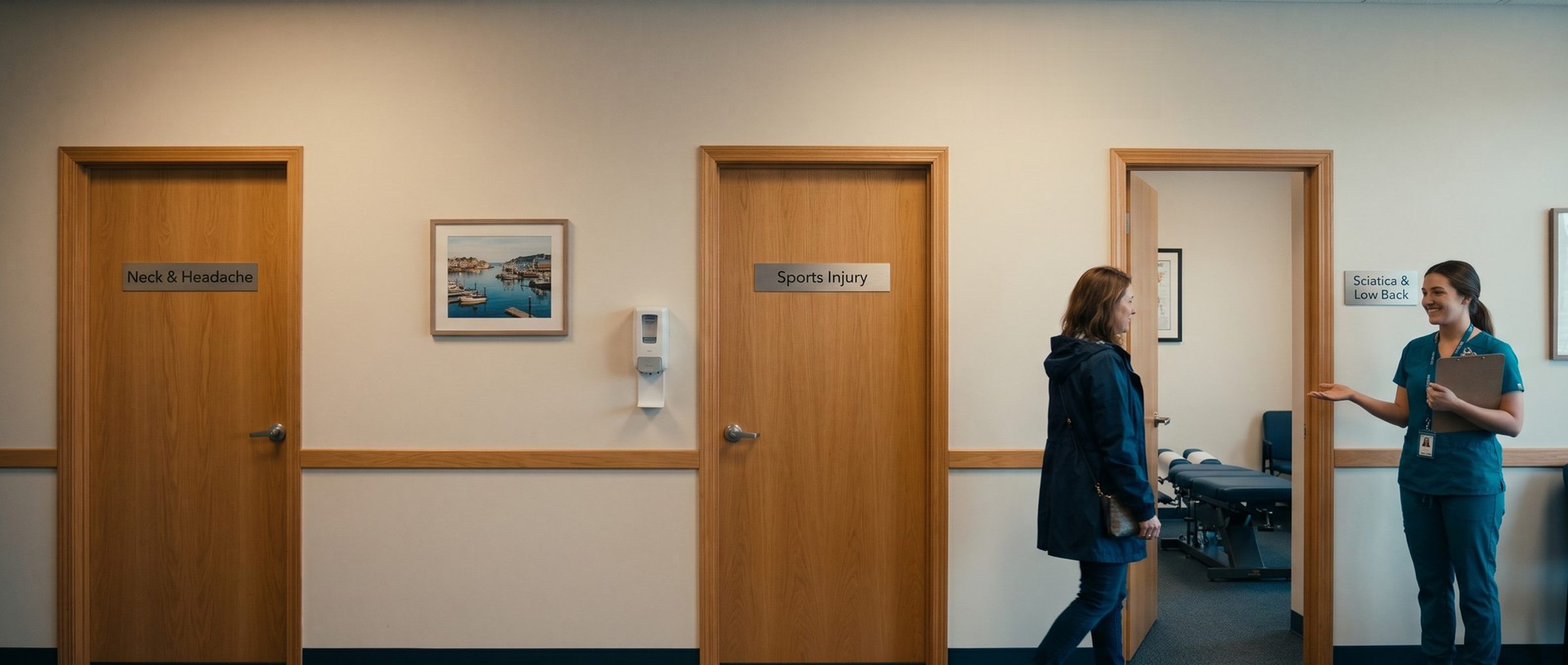 A chiropractic office hallway with door plates reading Neck & Headache, Sports Injury and Sciatica & Low Back, where a staffer in teal scrubs shows a new patient into the open sciatica and low back treatment room