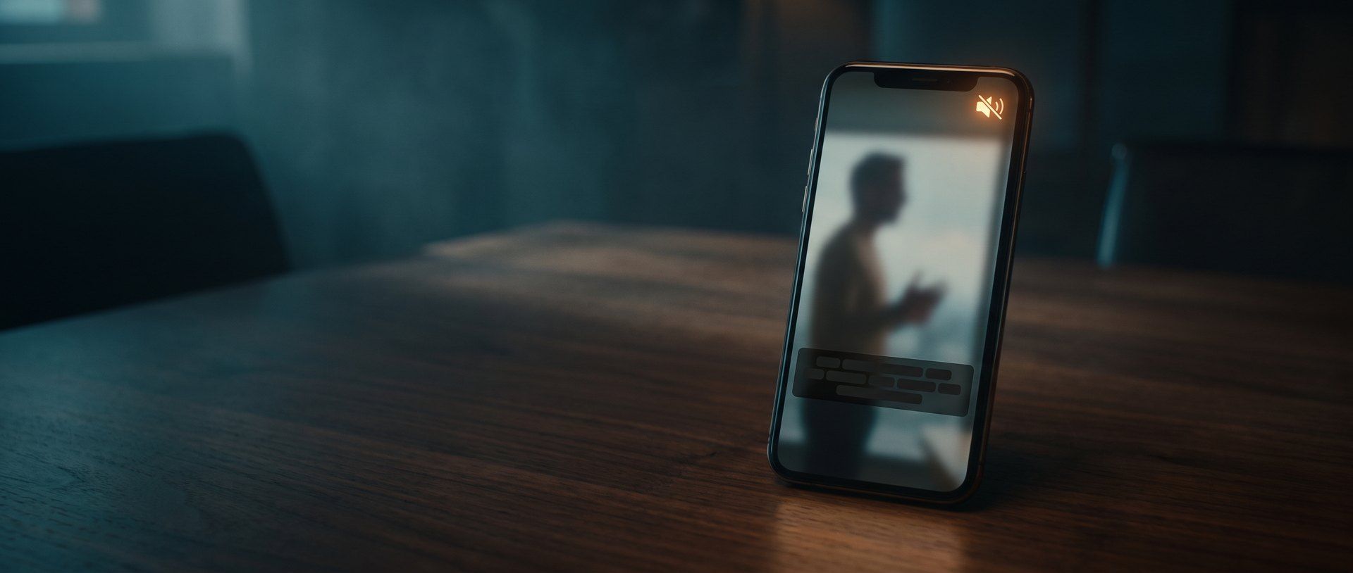 A smartphone standing on a dark wooden table playing a video of a person talking, a caption bar on screen and a glowing amber mute icon in the corner