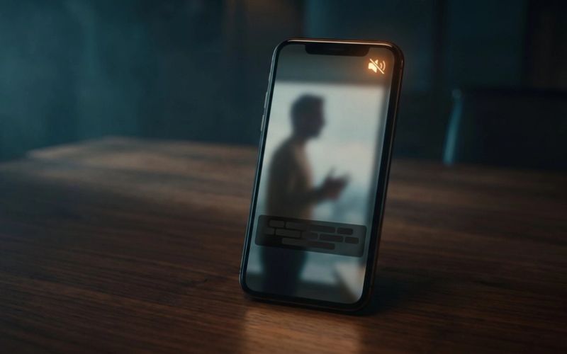 A smartphone standing on a dark wooden table playing a video of a person talking, a caption bar on screen and a glowing amber mute icon in the corner
