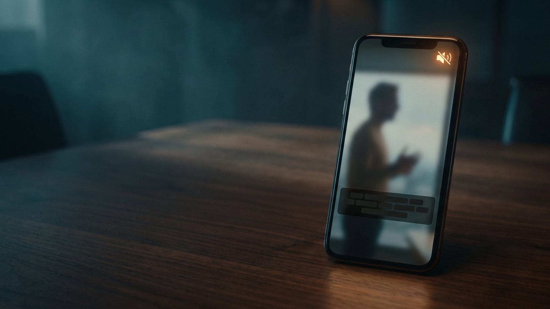 A smartphone standing on a dark wooden table playing a video of a person talking, a caption bar on screen and a glowing amber mute icon in the corner