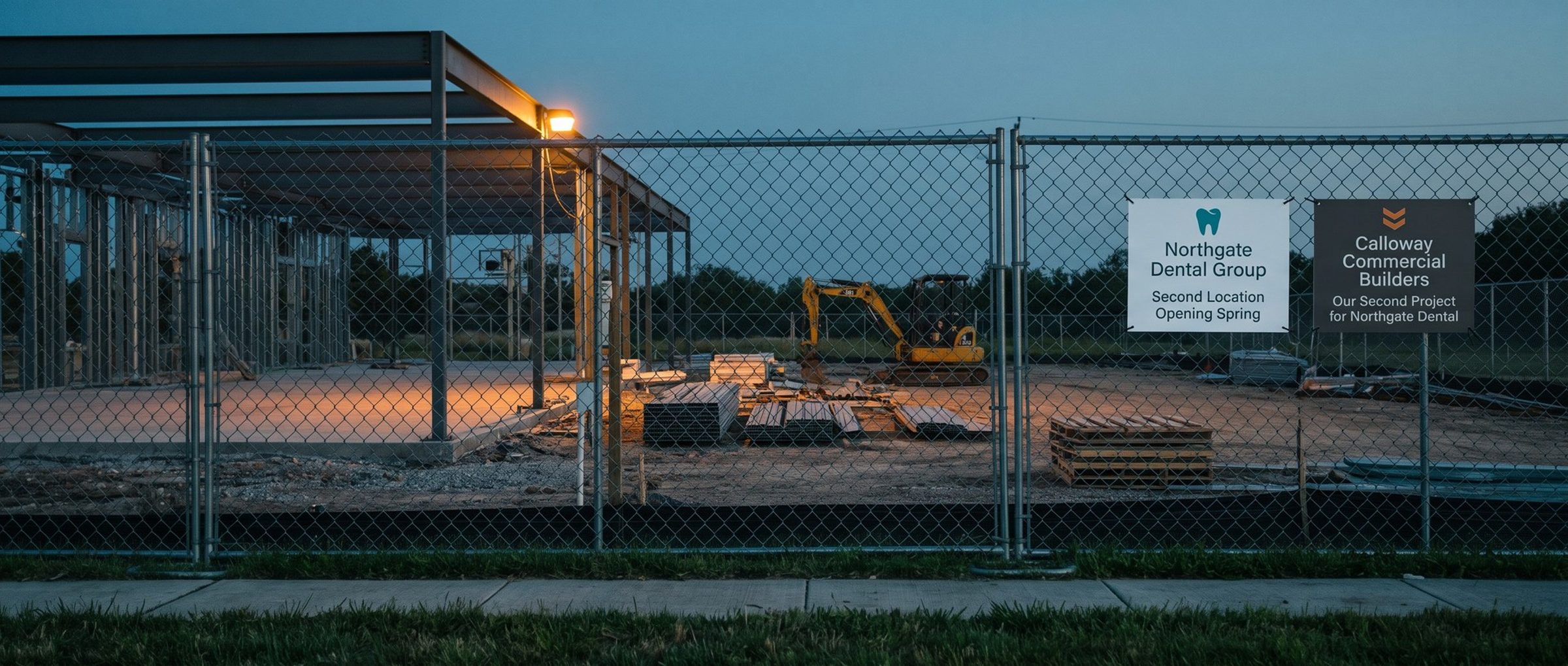 A chain-link construction fence at dusk in front of a new medical office frame, with two signs zip-tied side by side: Northgate Dental Group, Second Location, Opening Spring, and Calloway Commercial Builders, Our Second Project for Northgate Dental