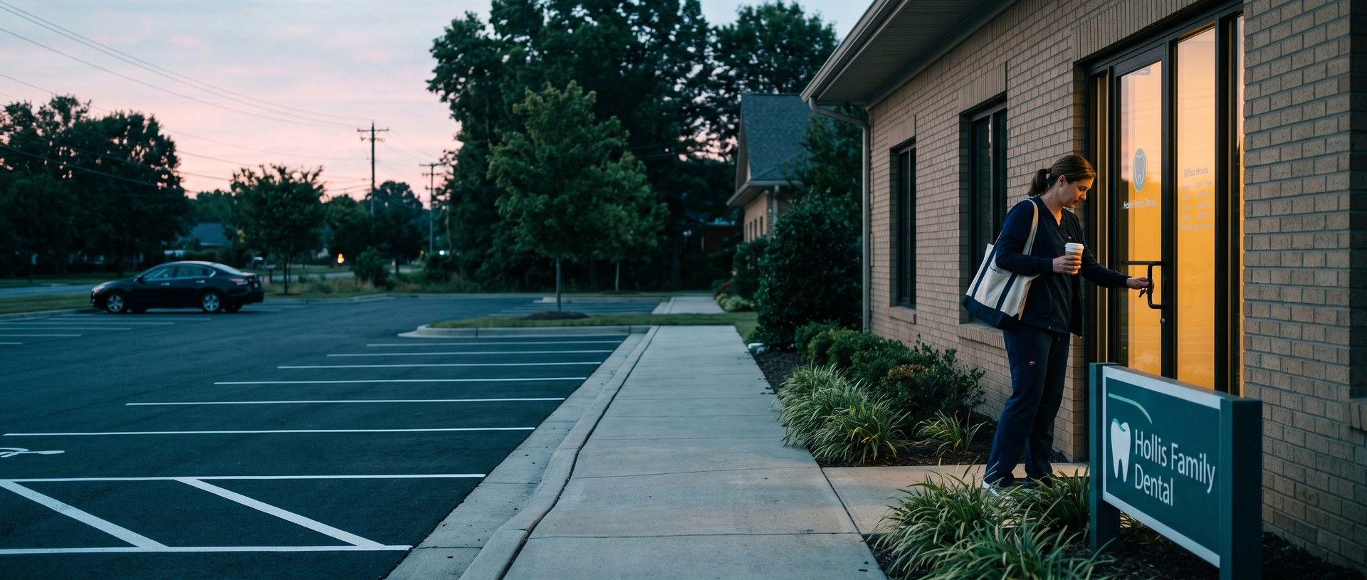At dawn a dentist in scrubs holding a coffee unlocks the glass front door of her single brick dental office beside its teal sign