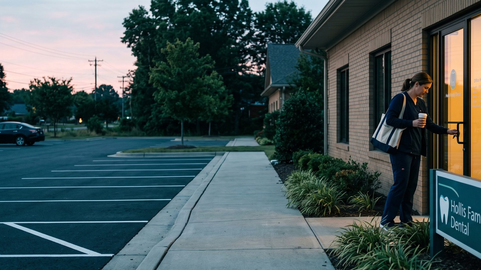 At dawn a dentist in scrubs holding a coffee unlocks the glass front door of her single brick dental office beside its teal sign