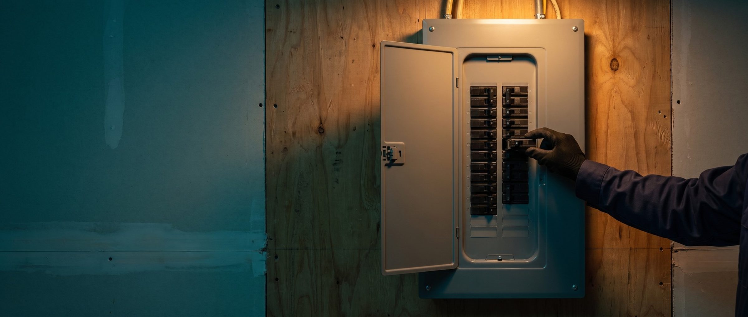 A gloved hand pressing a new circuit breaker into its slot in an open gray residential breaker panel on a plywood garage wall, lit by a warm work light