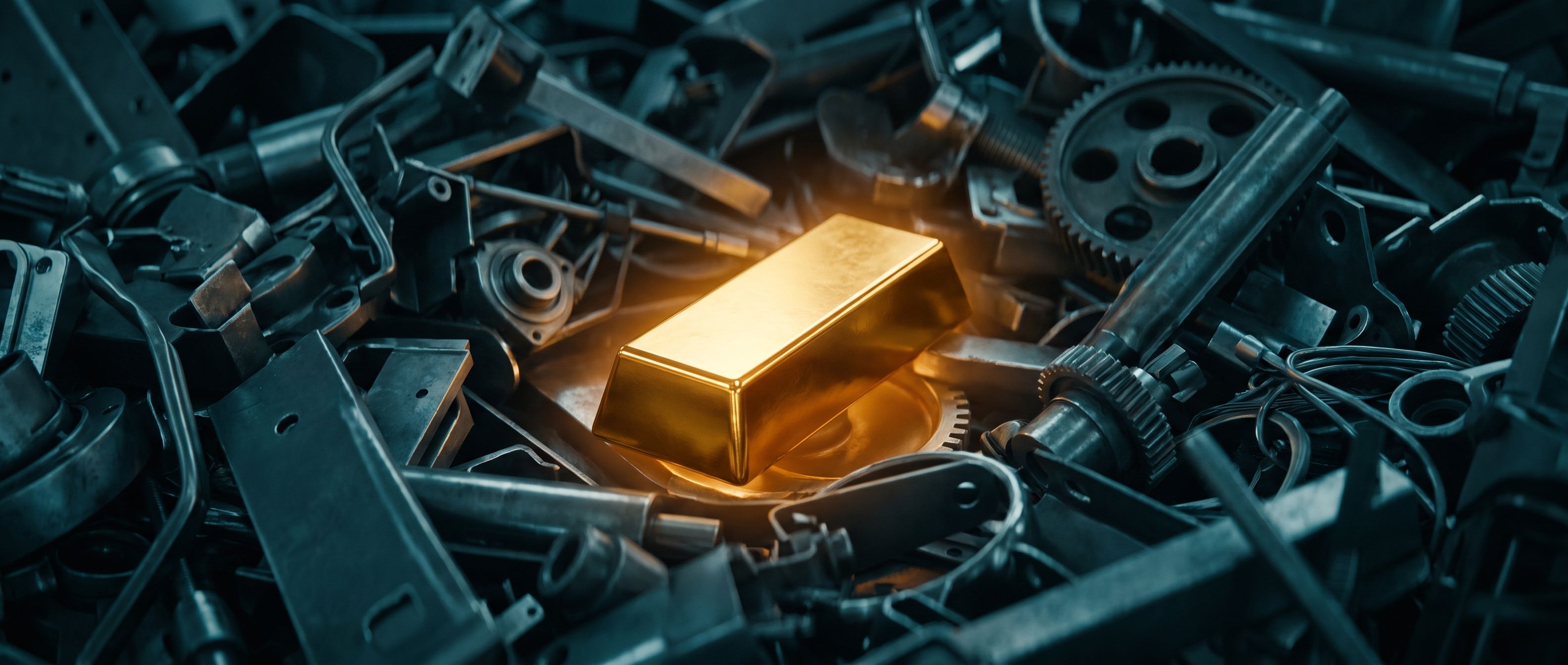 A gold bar glowing amber, half-buried in a heap of grey scrap metal - value hidden in what looks like junk