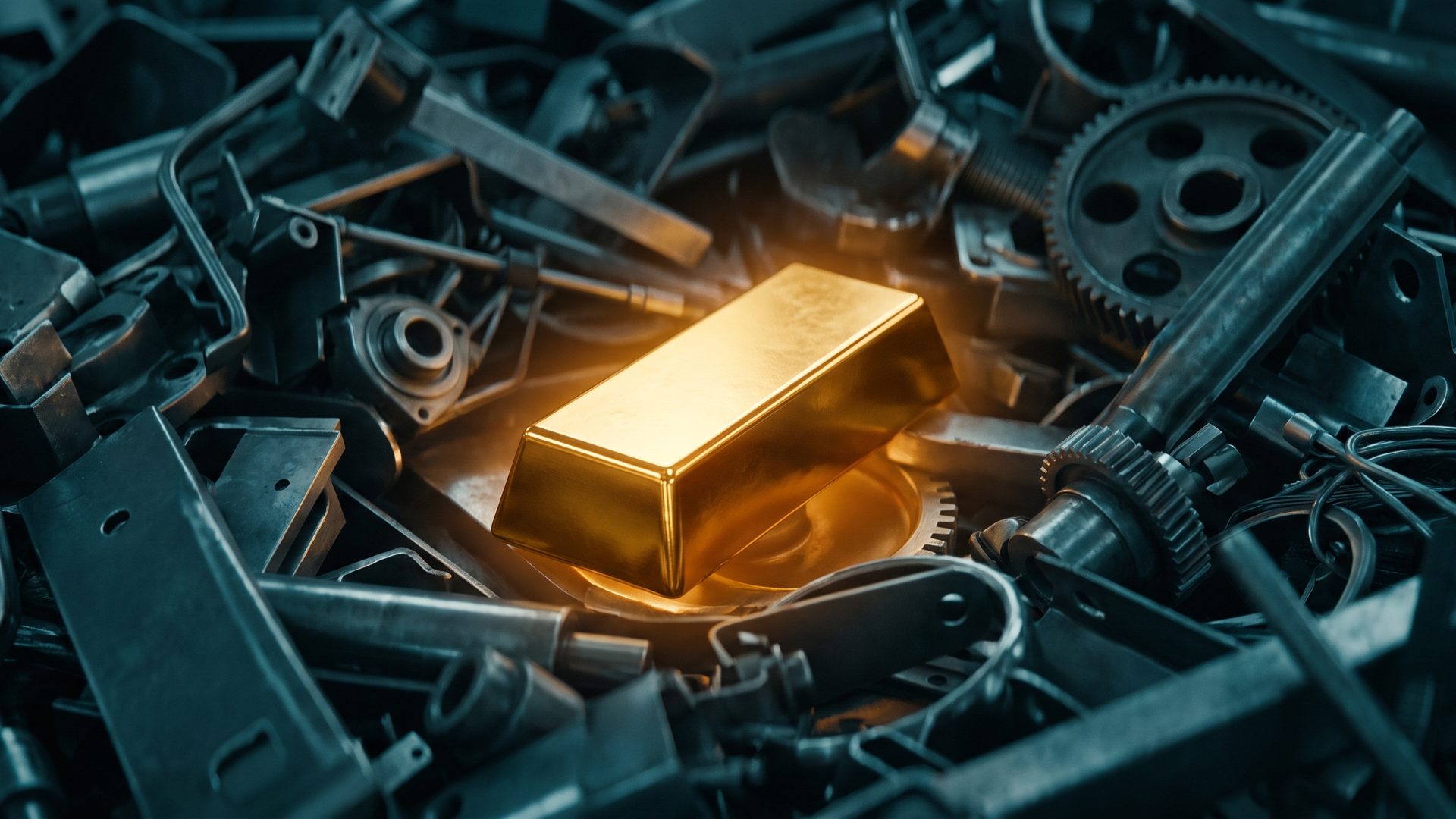 A gold bar glowing amber, half-buried in a heap of grey scrap metal - value hidden in what looks like junk