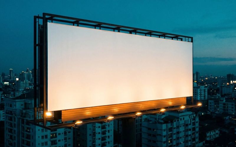 A large billboard in a prime position over a city at dusk, perfectly lit but with a completely blank face -- the placement is right, the ad says nothing.