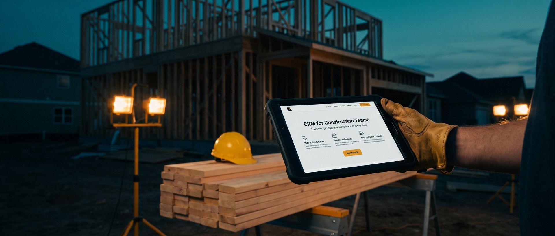 A contractor in a leather work glove holds up a tablet on a construction site at dusk, the screen showing a CRM for Construction Teams web page with a start free trial button, a yellow hard hat on lumber and work lights behind