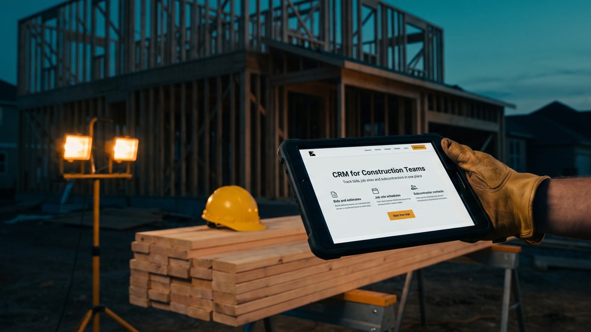 A contractor in a leather work glove holds up a tablet on a construction site at dusk, the screen showing a CRM for Construction Teams web page with a start free trial button, a yellow hard hat on lumber and work lights behind