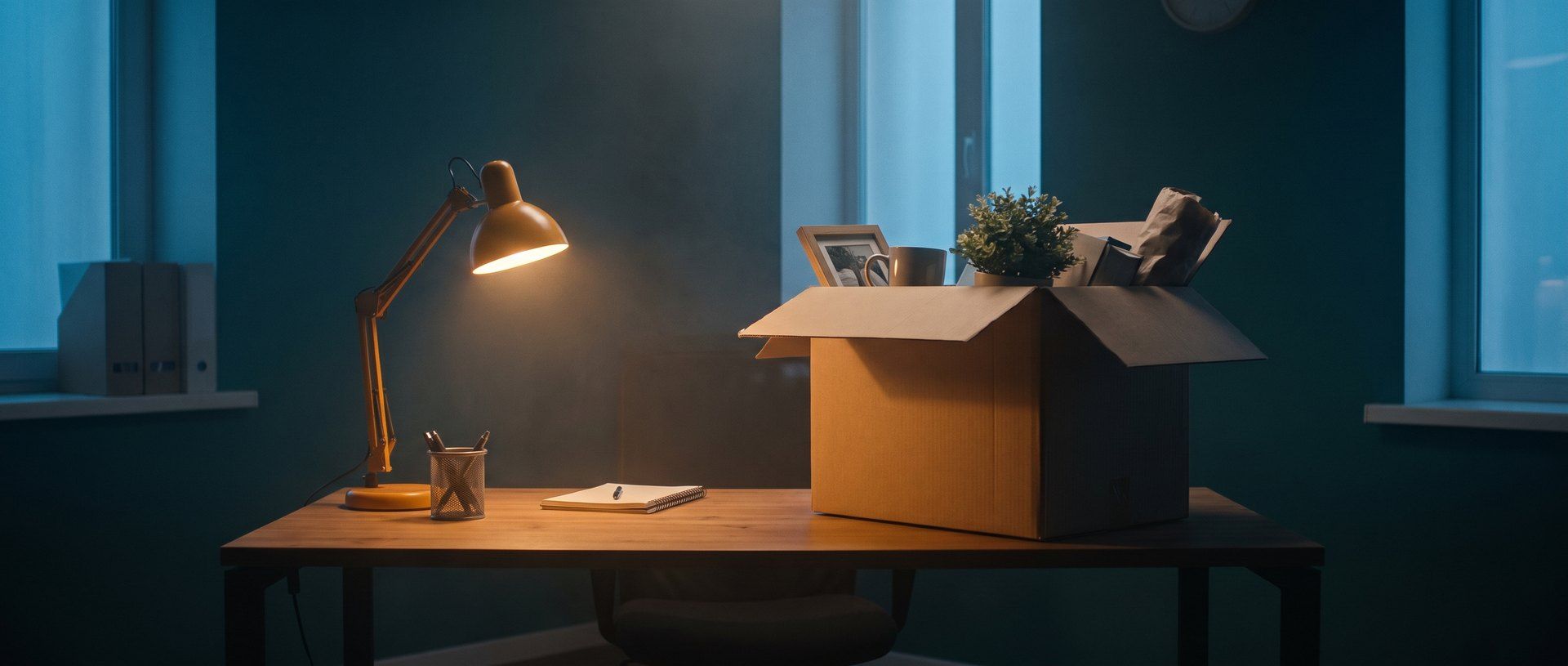 A desk at dusk in a teal office lit by one warm desk lamp, with an open cardboard box on it holding a framed photo, a mug and a small plant, beside a notebook and a pen cup