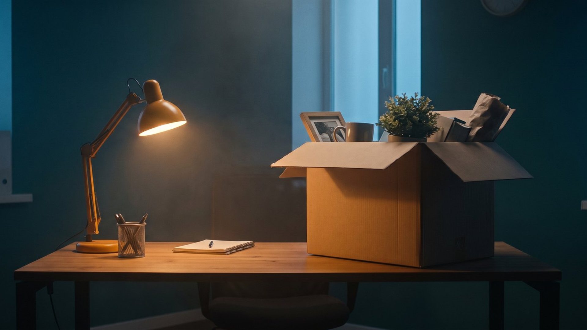A desk at dusk in a teal office lit by one warm desk lamp, with an open cardboard box on it holding a framed photo, a mug and a small plant, beside a notebook and a pen cup