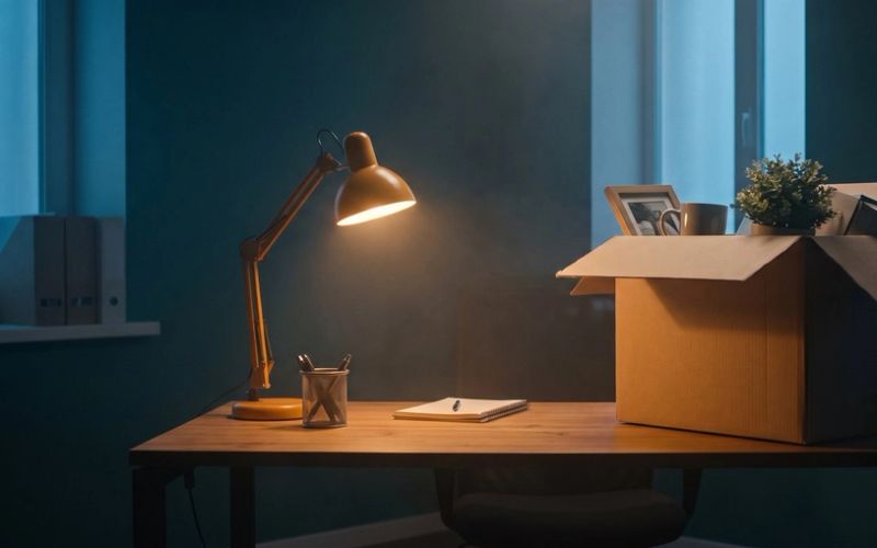 A desk at dusk in a teal office lit by one warm desk lamp, with an open cardboard box on it holding a framed photo, a mug and a small plant, beside a notebook and a pen cup