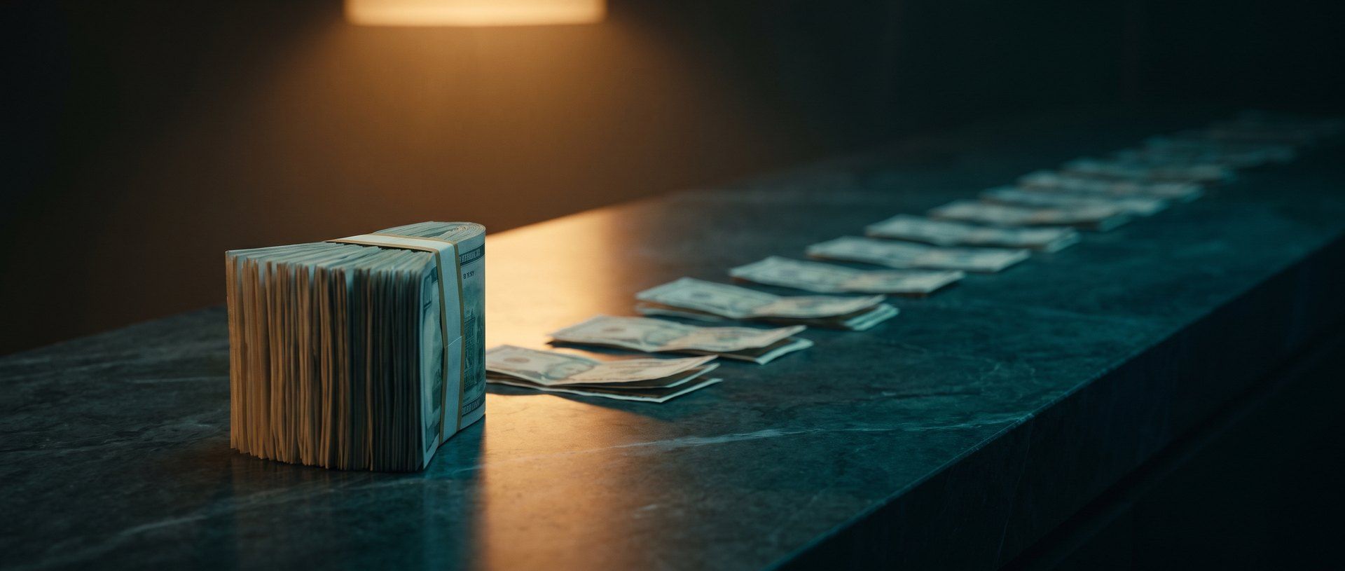 A thick banded stack of banknotes beside a thin row of loose notes trailing away on a dark table