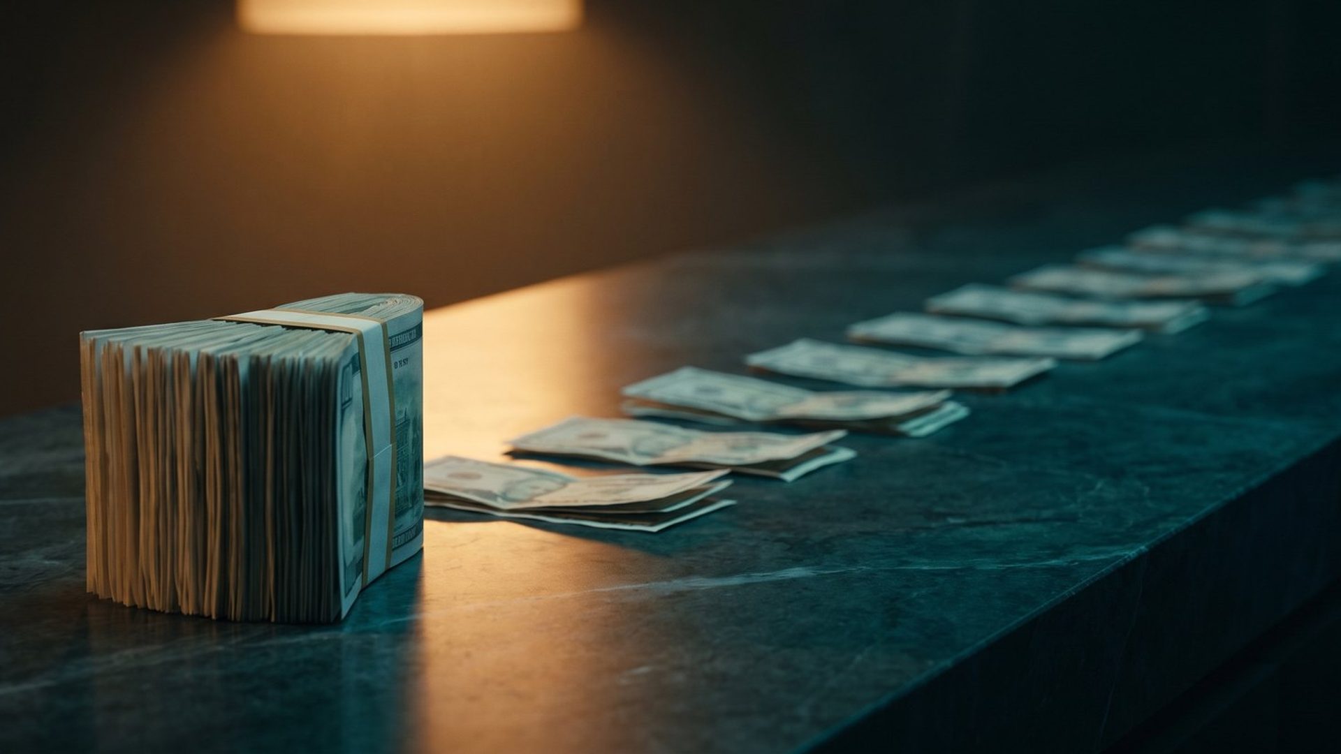 A thick banded stack of banknotes beside a thin row of loose notes trailing away on a dark table