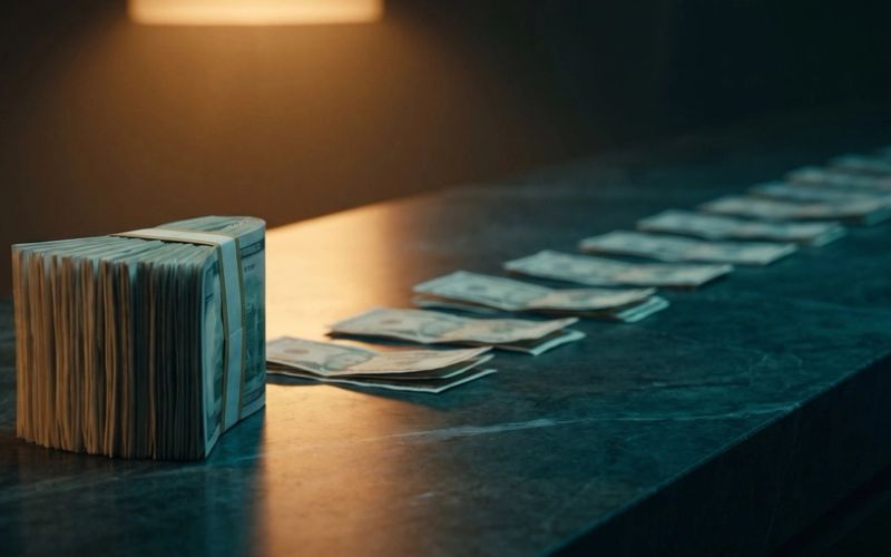 A thick banded stack of banknotes beside a thin row of loose notes trailing away on a dark table