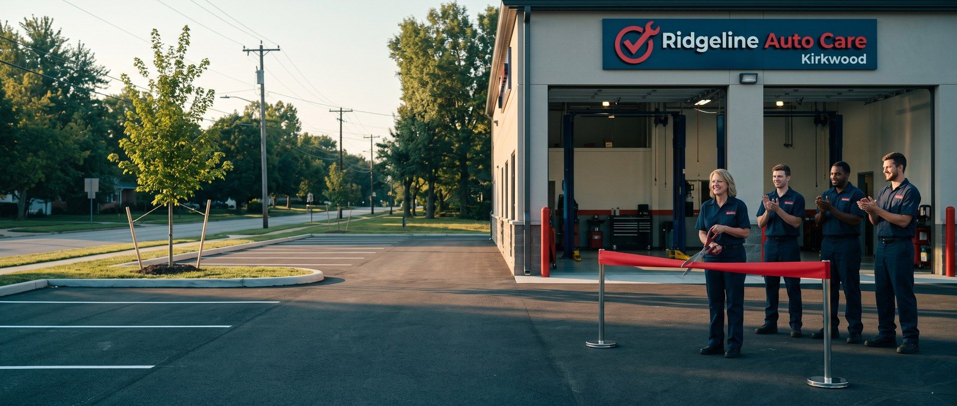 On opening morning at an auto repair shop's second location, the owner cuts a red ribbon in front of the open service bays while three technicians in matching uniforms clap