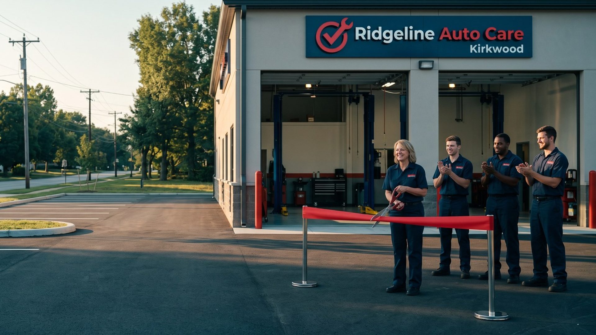 On opening morning at an auto repair shop's second location, the owner cuts a red ribbon in front of the open service bays while three technicians in matching uniforms clap