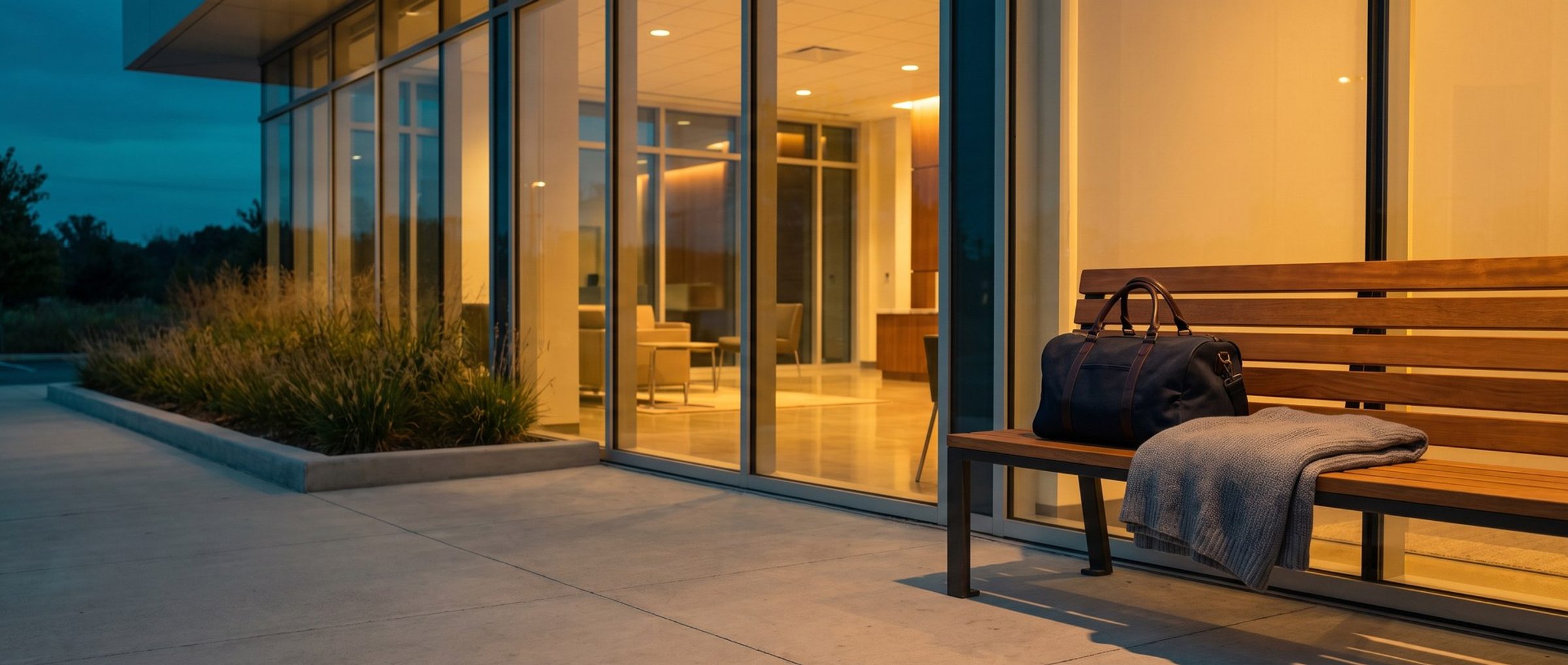 A navy overnight bag and a folded gray blanket on a wooden bench outside an orthopedic clinic's glass entrance at first light, the lobby glowing warm behind the glass