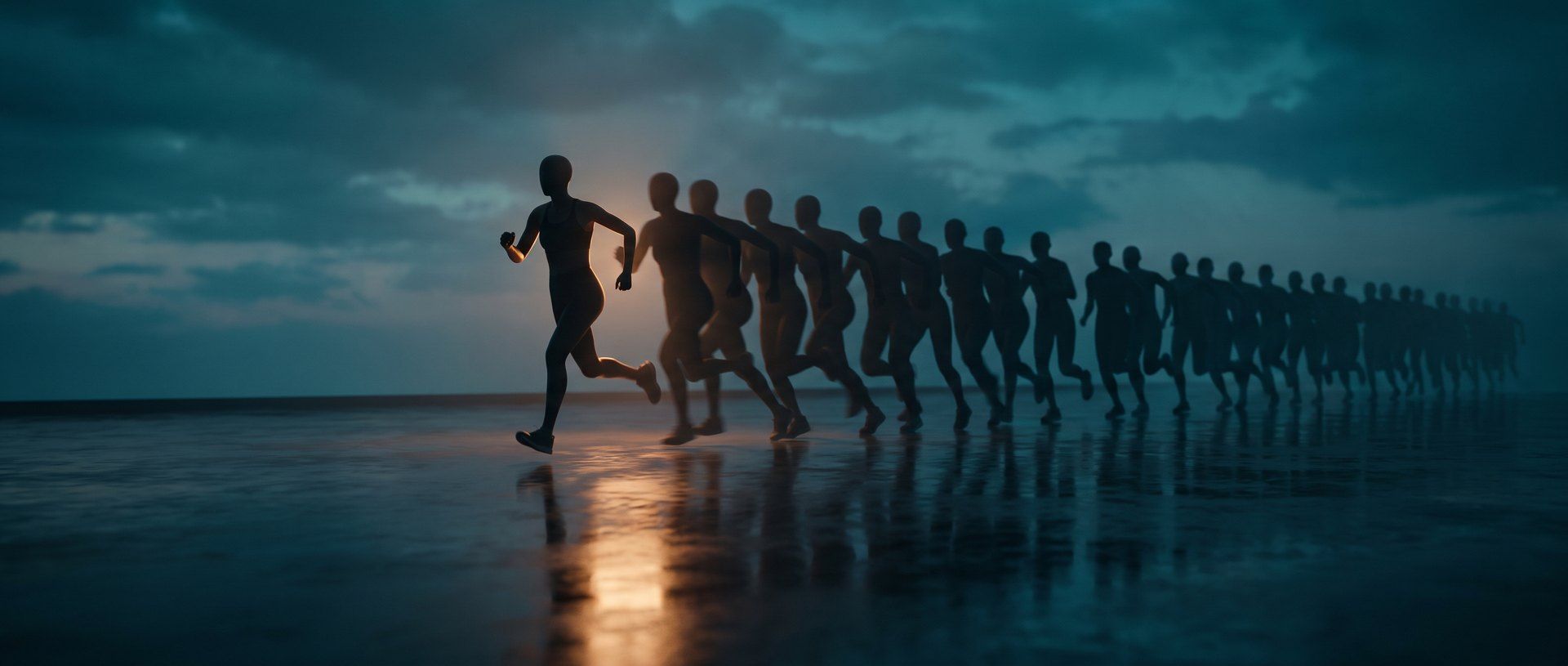 A lone runner on a wet beach at dusk, followed by a long line of identical copies of the same runner stretching into the distance.