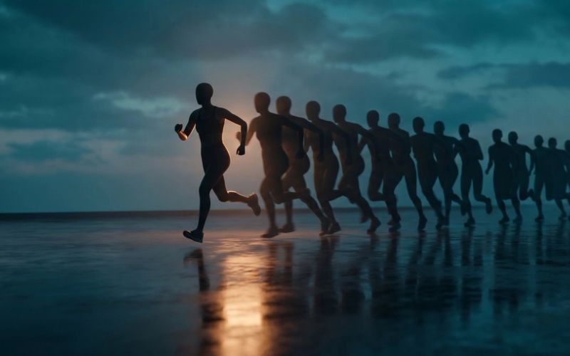 A lone runner on a wet beach at dusk, followed by a long line of identical copies of the same runner stretching into the distance.