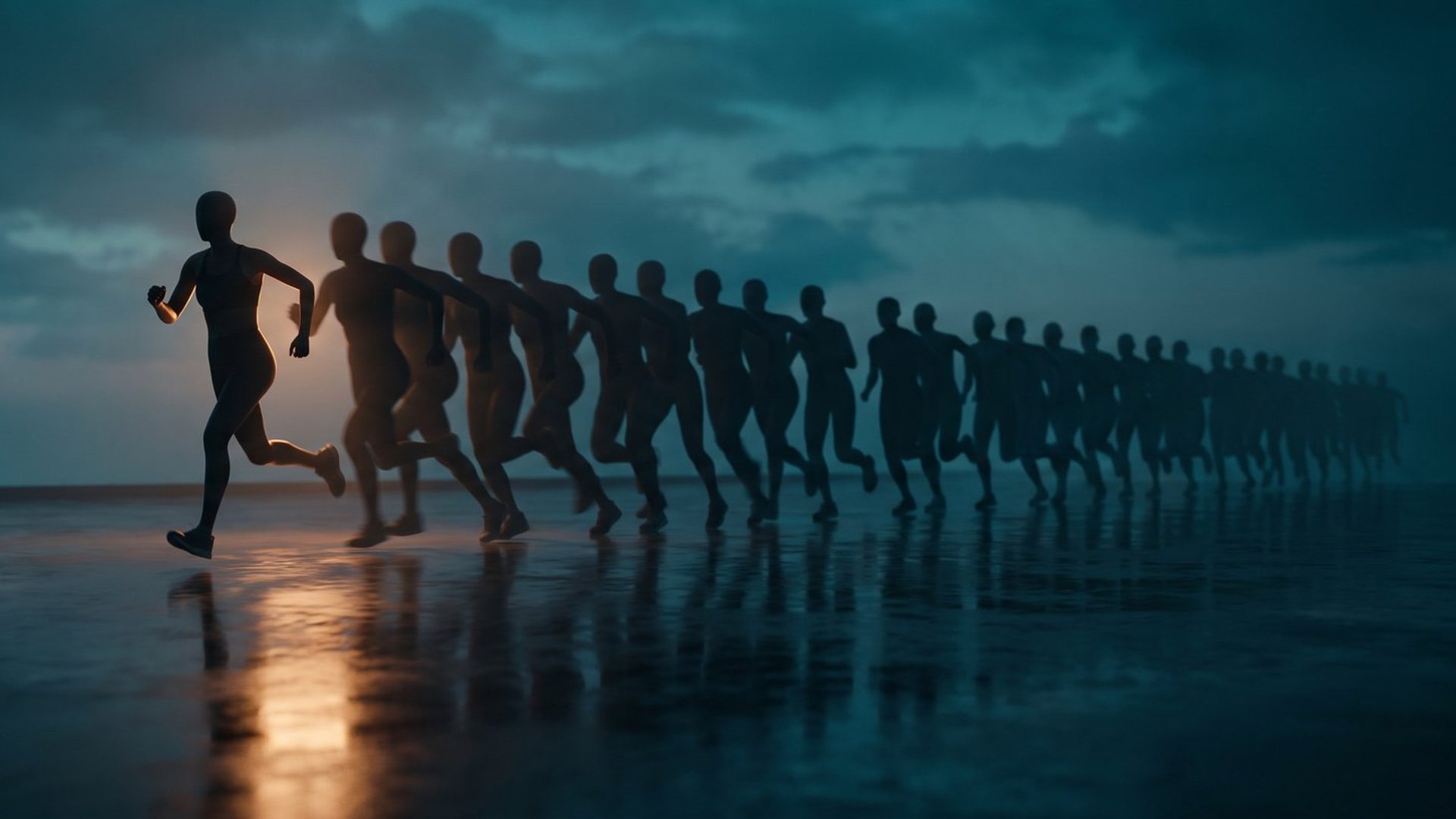 A lone runner on a wet beach at dusk, followed by a long line of identical copies of the same runner stretching into the distance.