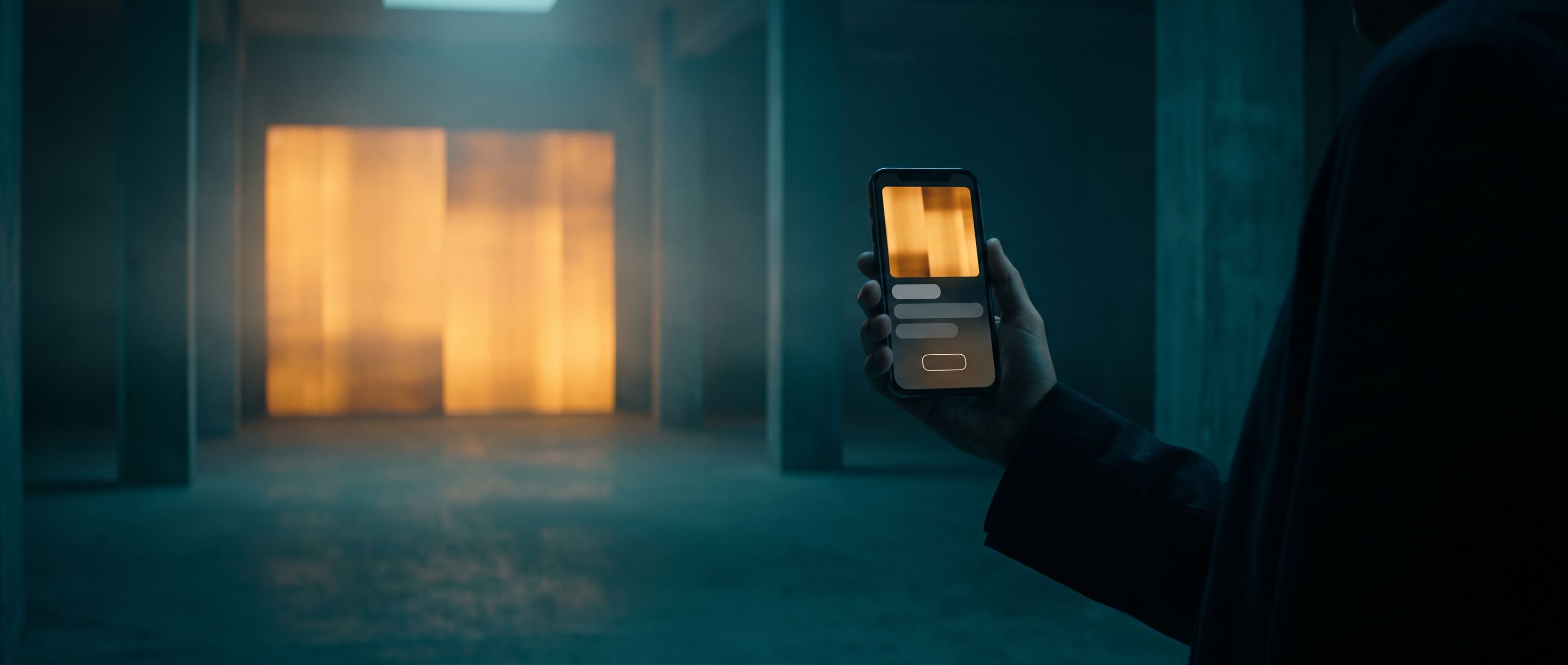 A single person holding a phone with a small warm amber screen, standing in a dim teal space before a vast glowing panel of light.
