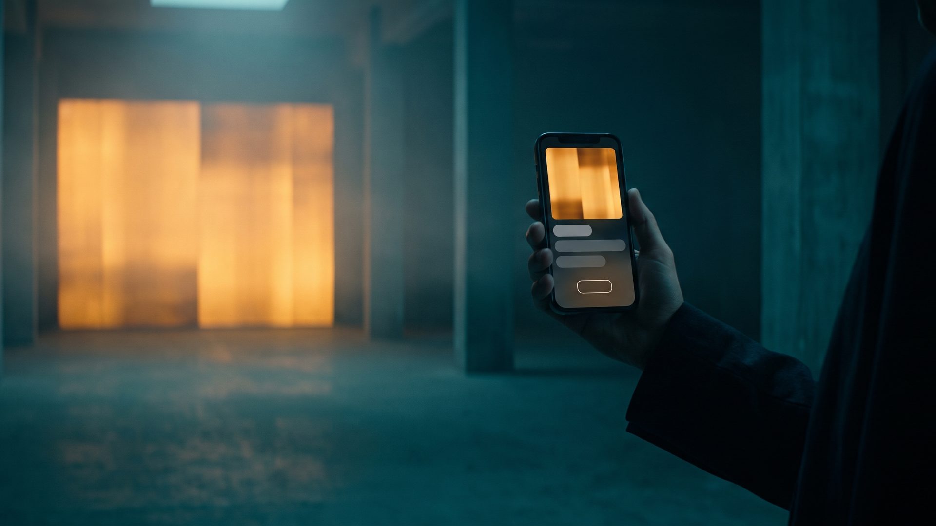 A single person holding a phone with a small warm amber screen, standing in a dim teal space before a vast glowing panel of light.