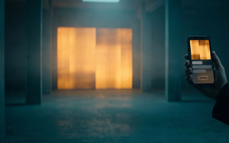 A single person holding a phone with a small warm amber screen, standing in a dim teal space before a vast glowing panel of light.