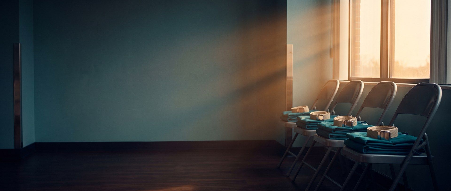 A row of folding chairs by a sunlit window in an agency training room, each holding folded teal scrubs and a gait belt, set for new caregivers