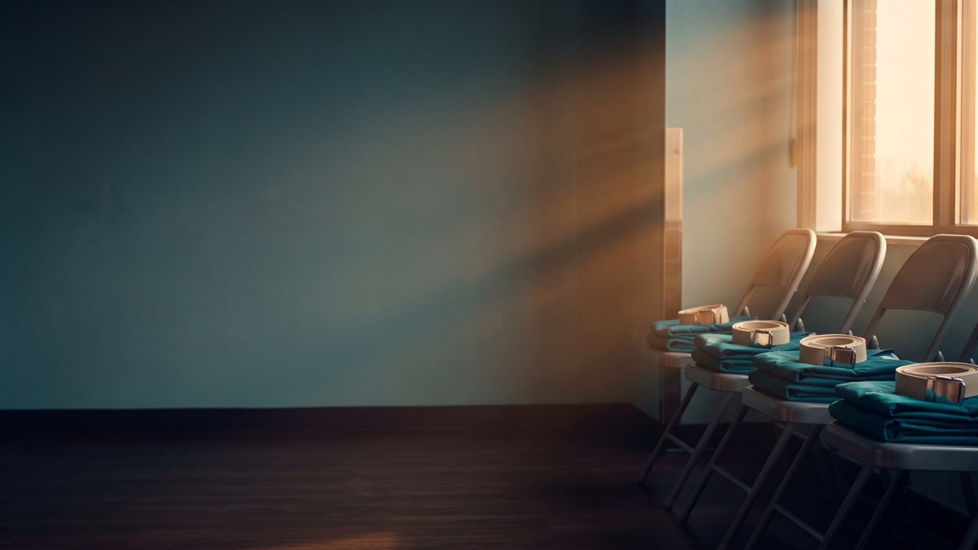 A row of folding chairs by a sunlit window in an agency training room, each holding folded teal scrubs and a gait belt, set for new caregivers
