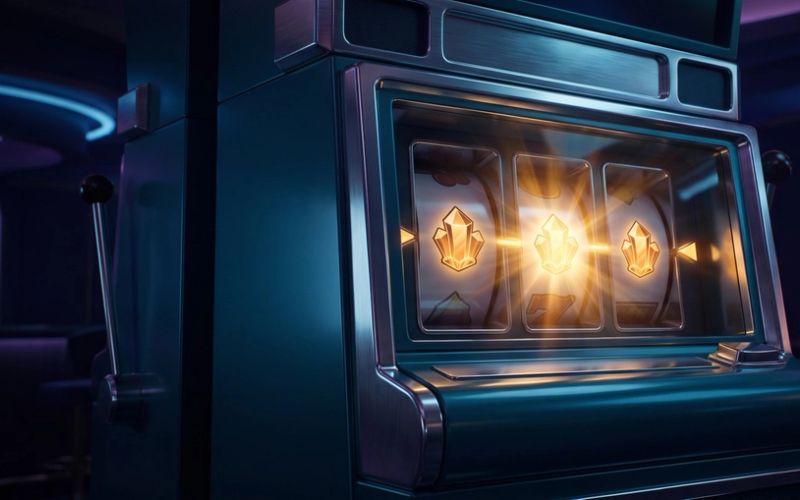 A slot machine hitting a jackpot with three glowing symbols, representing a conversion win that was really just luck.