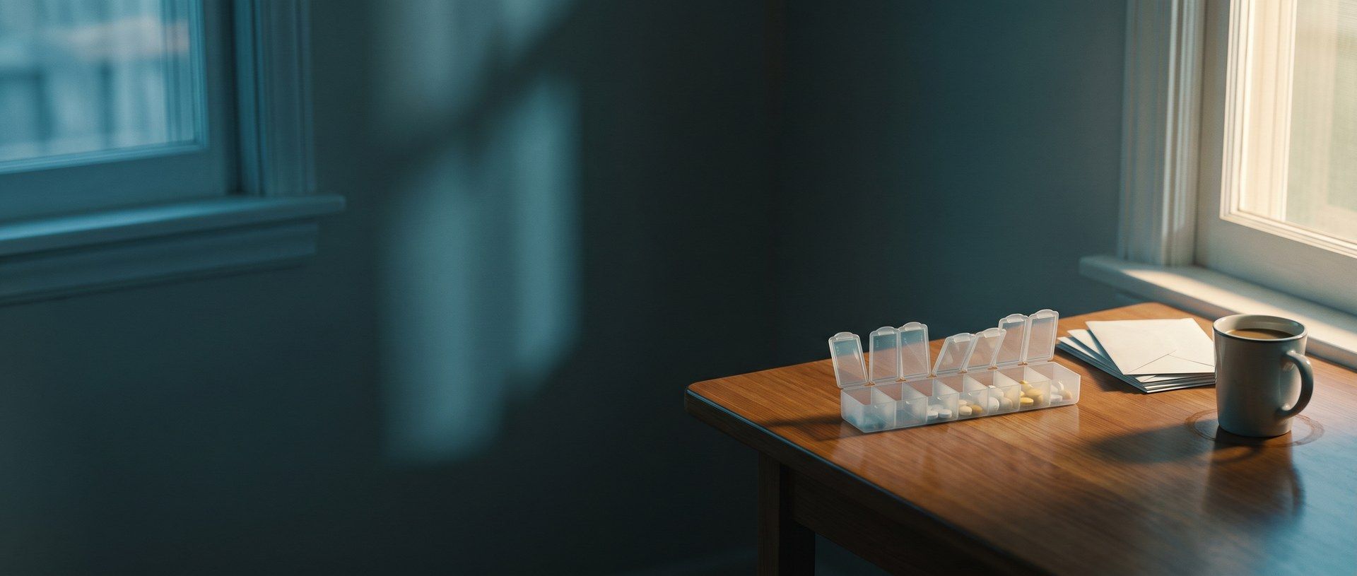 A weekly pill organizer with its lids open and pills still in several compartments on a kitchen table in morning light, beside unopened envelopes and a mug of cold coffee