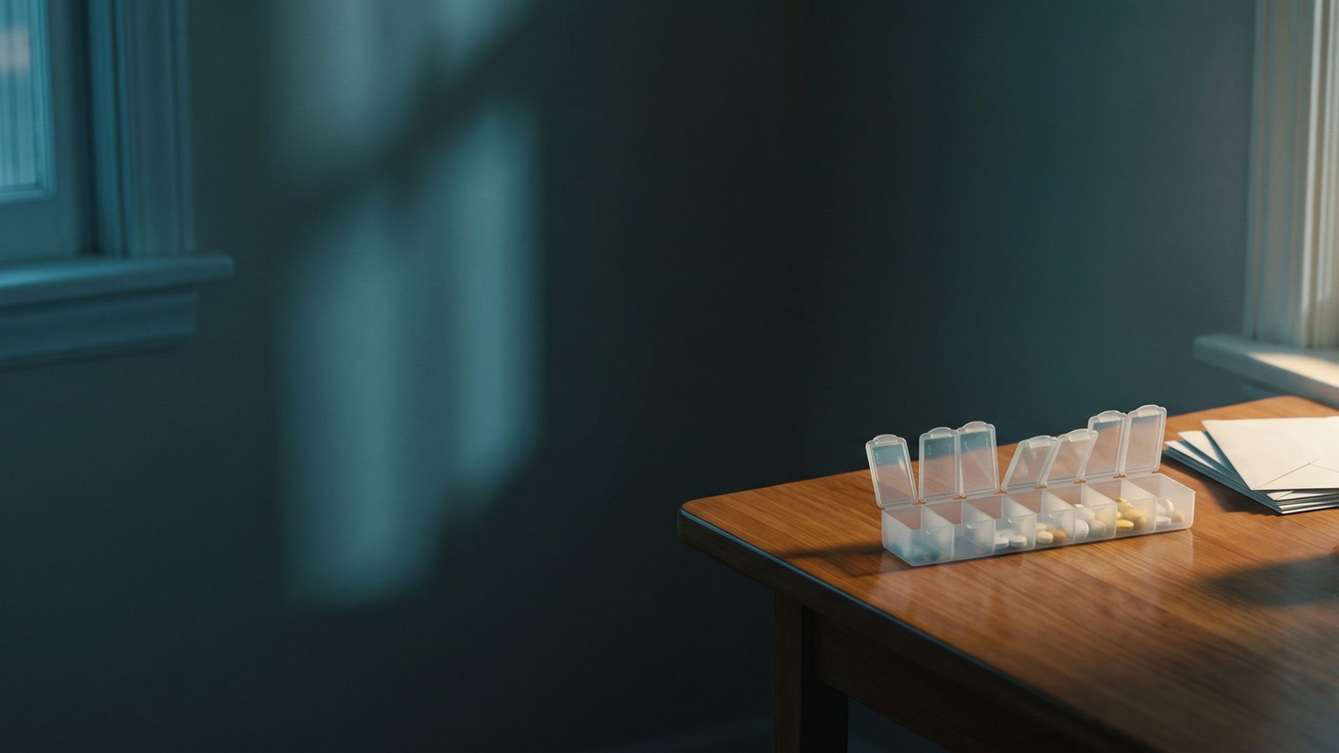 A weekly pill organizer with its lids open and pills still in several compartments on a kitchen table in morning light, beside unopened envelopes and a mug of cold coffee