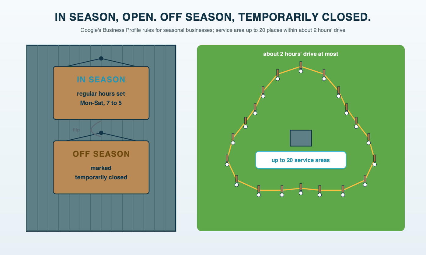 A wooden sign on a shed door that flips between two sides, one showing in-season hours and the other reading temporarily closed for the off-season, beside a string line staked around a ring of towns for the service area