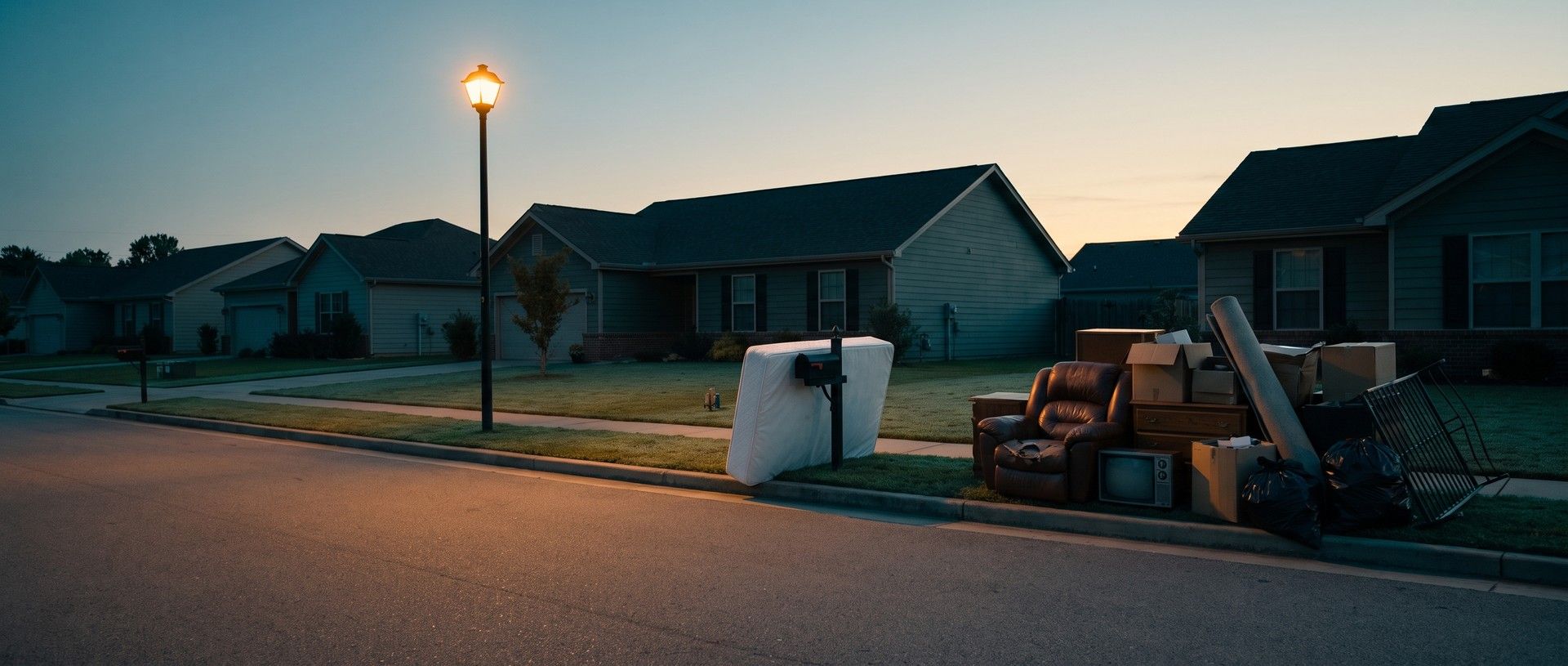 A quiet suburban street at dawn with a single white mattress leaning against a curbside mailbox beside a truckload-size pile of junk: a brown recliner, a dresser, stacked boxes, an old TV, a rolled carpet and black trash bags