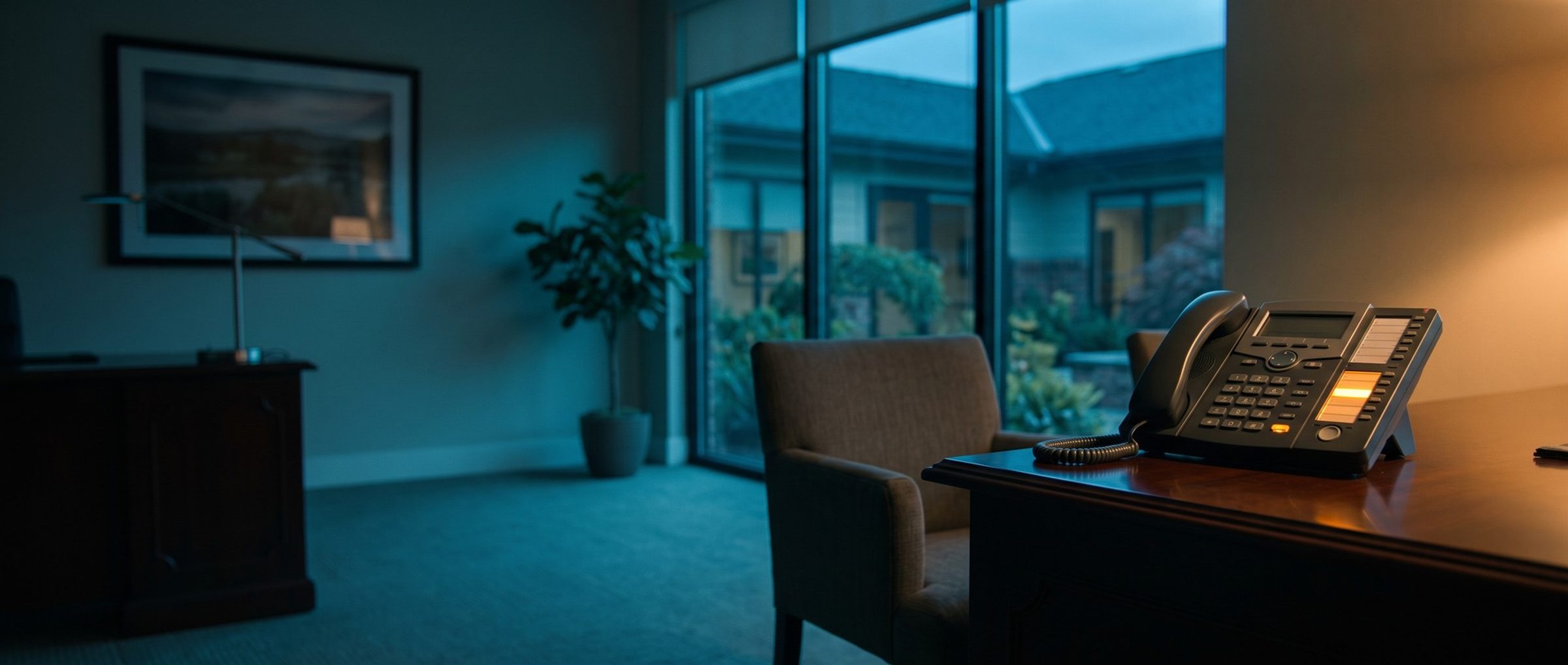 A desk phone in an empty senior living sales office at dusk, one line button glowing amber with a call coming in and the handset still in its cradle