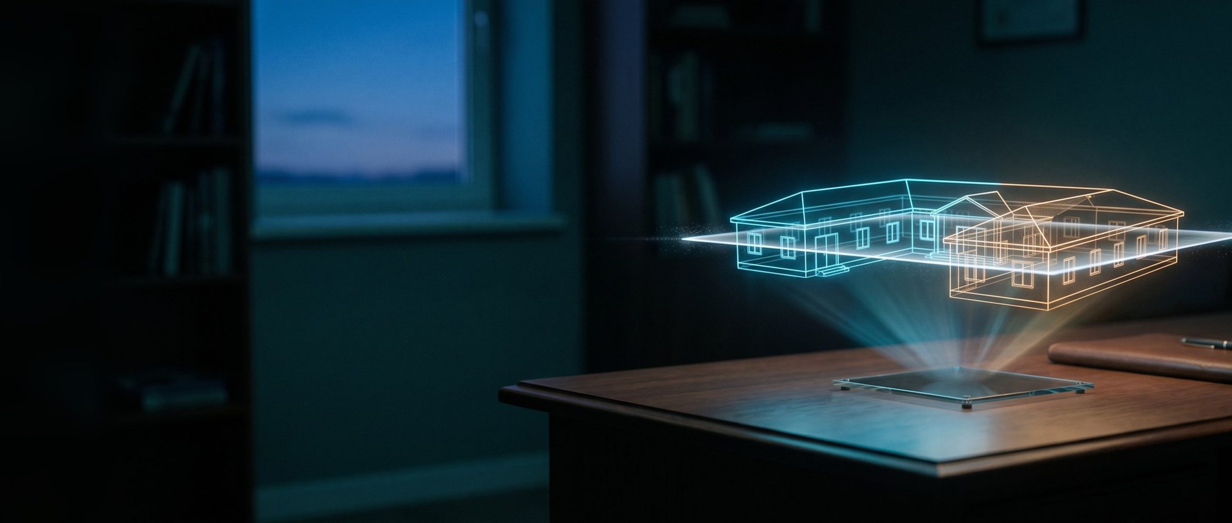 A glowing wireframe hologram of a nursing home floating above an admissions desk at dusk, one wing lit blue and the other amber, with a plane of scanning light passing through both wings at once