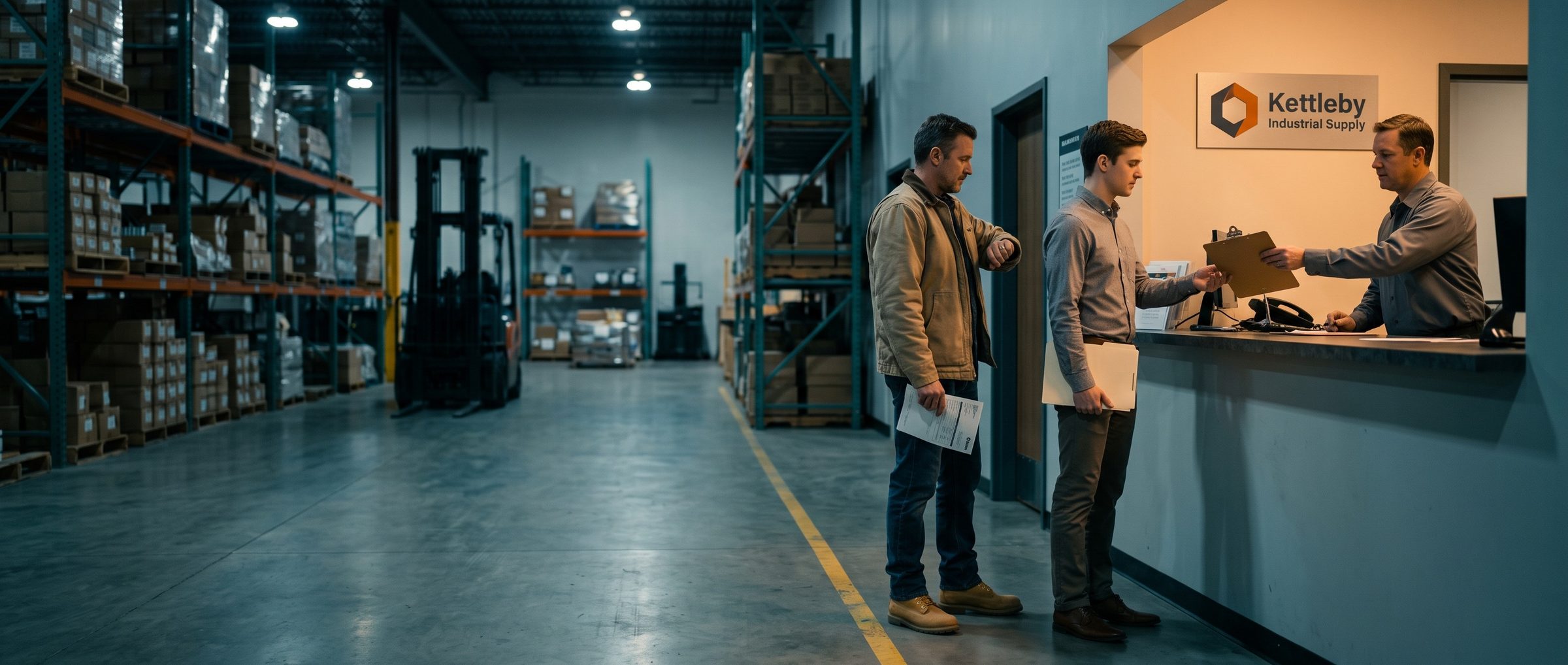 At the Kettleby Industrial Supply counter, the clerk hands a young job seeker an application clipboard while a contractor holding his purchase order waits and checks his watch