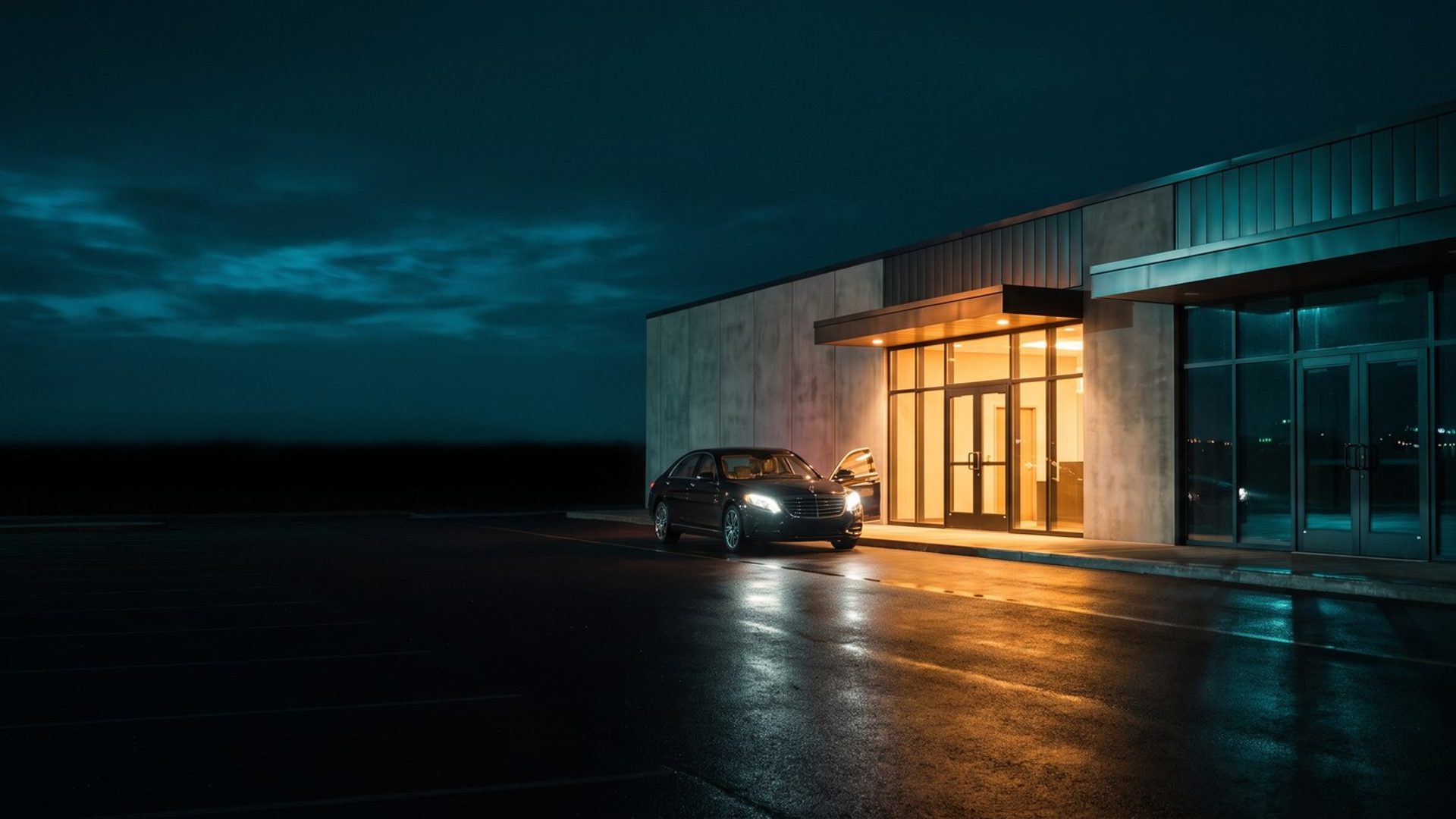 A veterinary hospital at night with two entrances: one lit amber with a car pulled up, headlights on and door open, the other dark and closed for the night