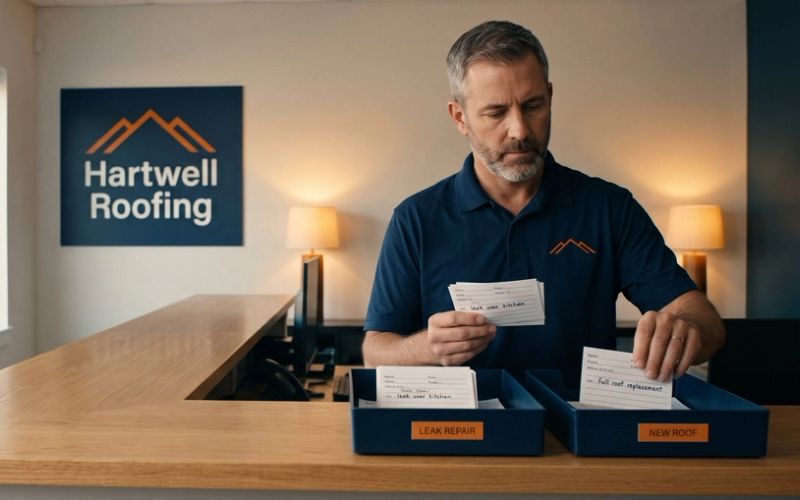 A roofing company owner in a navy Hartwell Roofing polo stands at his office counter sorting printed customer lead cards into two navy trays labeled Leak Repair and New Roof, with the company sign and shingle sample boards behind him.