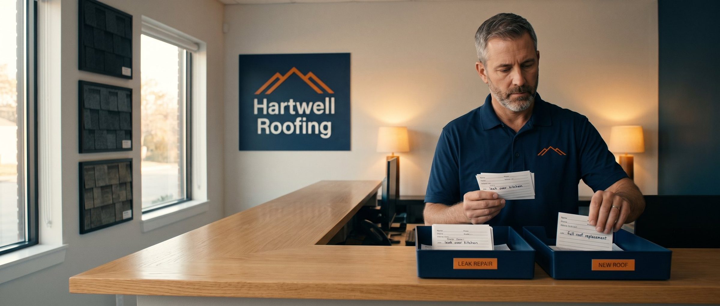 A roofing company owner in a navy Hartwell Roofing polo stands at his office counter sorting printed customer lead cards into two navy trays labeled Leak Repair and New Roof, with the company sign and shingle sample boards behind him.