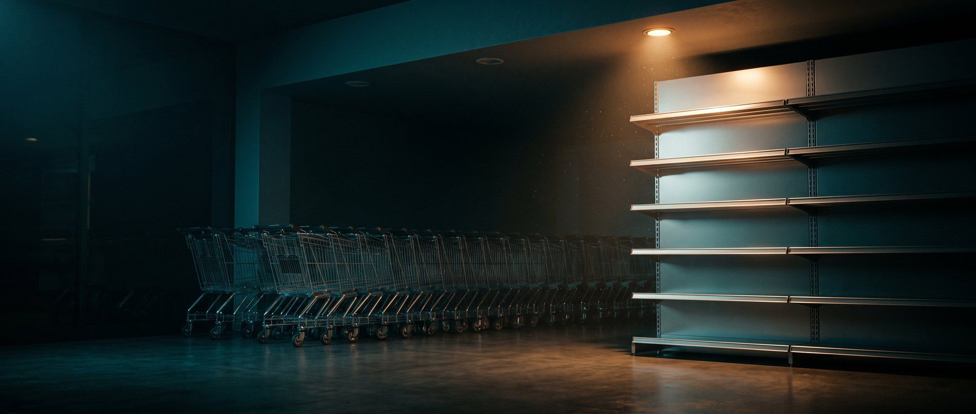 A line of empty shopping carts parked nose to tail in a dark store, waiting in front of bare shelves lit by a single warm amber light.