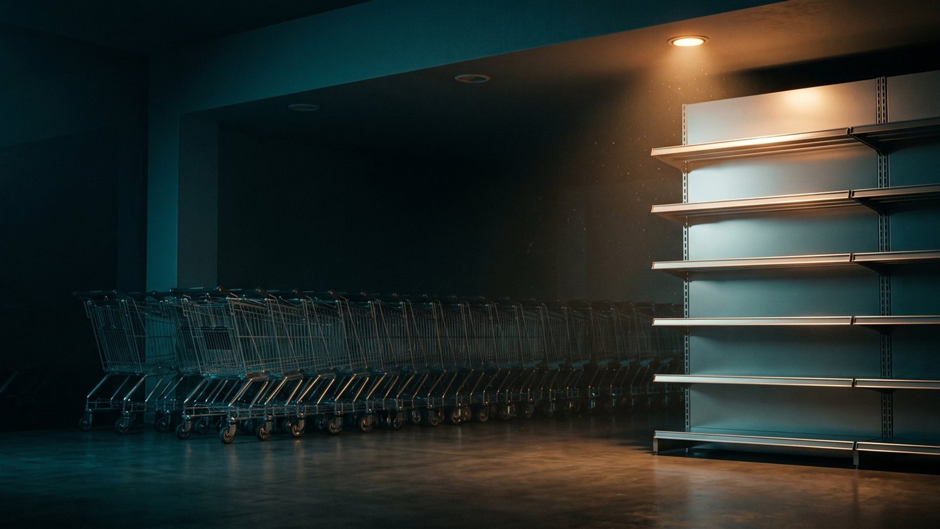 A line of empty shopping carts parked nose to tail in a dark store, waiting in front of bare shelves lit by a single warm amber light.