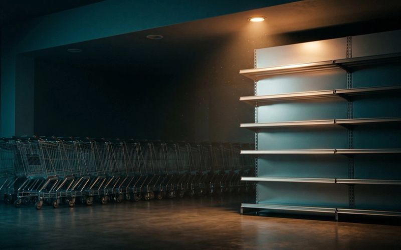 A line of empty shopping carts parked nose to tail in a dark store, waiting in front of bare shelves lit by a single warm amber light.